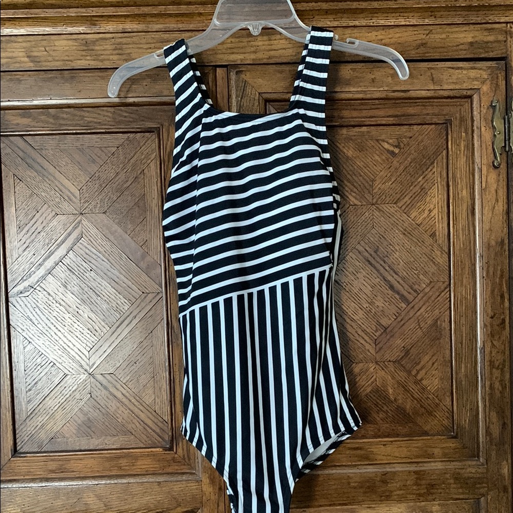NWT Lands' End Black and White Striped One Piece swim suit.